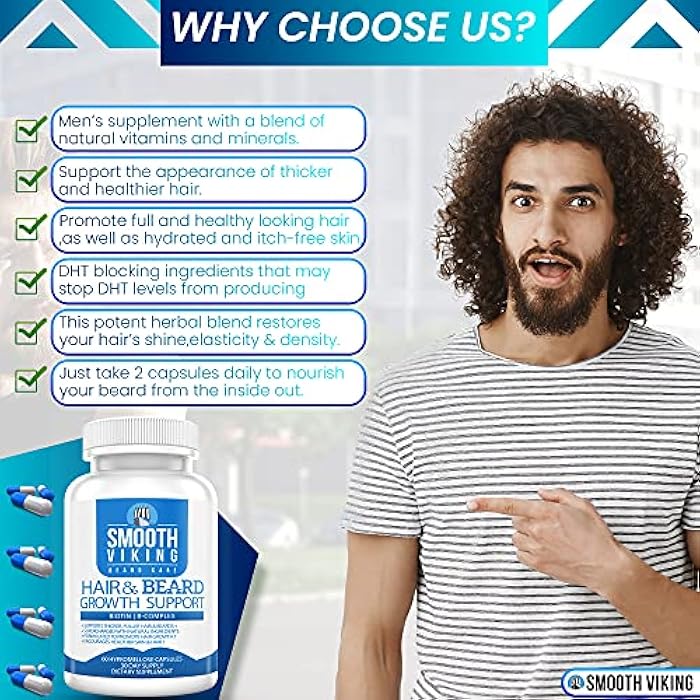 Smooth Viking Beard Care مكمل نمو لحية الفايكنج السلس - فيتامينات نمو الشعر للرجال - 5000 ميكروغرام بيوتين ومثبط DHT لعلاج تساقط الشعر - حبوب لحية لشعر أكثر كثافة وقوة (60 كبسولة) - Image 4
