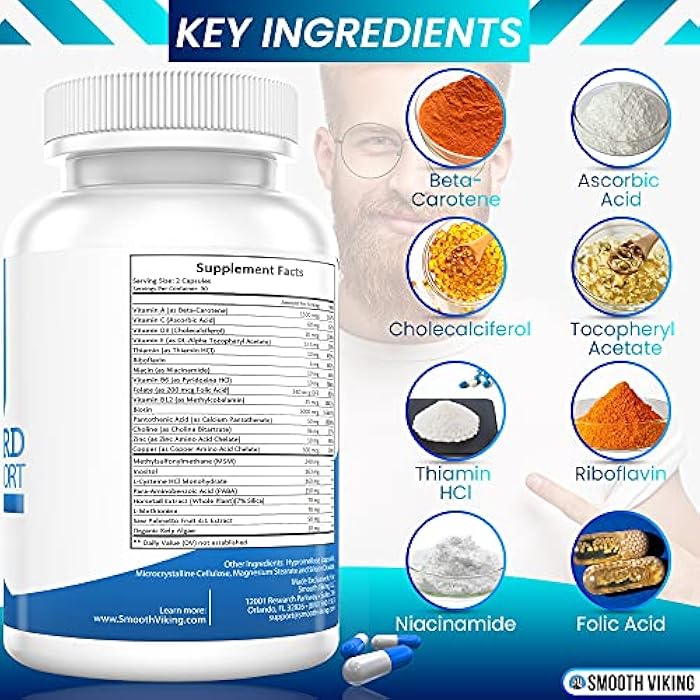 Smooth Viking Beard Care مكمل نمو لحية الفايكنج السلس - فيتامينات نمو الشعر للرجال - 5000 ميكروغرام بيوتين ومثبط DHT لعلاج تساقط الشعر - حبوب لحية لشعر أكثر كثافة وقوة (60 كبسولة) - Image 2