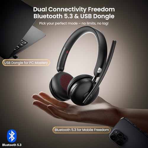 Dytole Wireless Headset with Mic for Work, Bluetooth 5.3 Headset with Noise Cancelling, Wireless Headphones with Mic & USB Dongle, 65H & Mute, Ideal for PC/Call Center/Computer/Laptop/Study - Image 2
