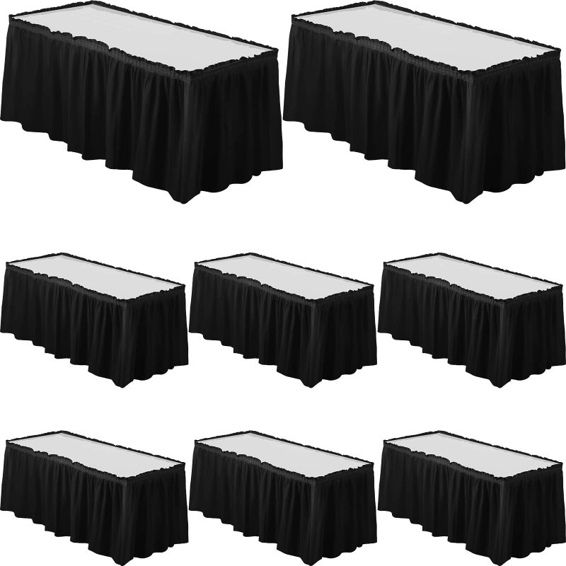 Tegeme Tegeme 8 Pieces 29 in x 14 ft Plastic Table Skirts for Rectangle Tables Disposable Ruffle Table Skirts with Adhesive Strip for Party Wedding Reception Birthday baby shower Black
