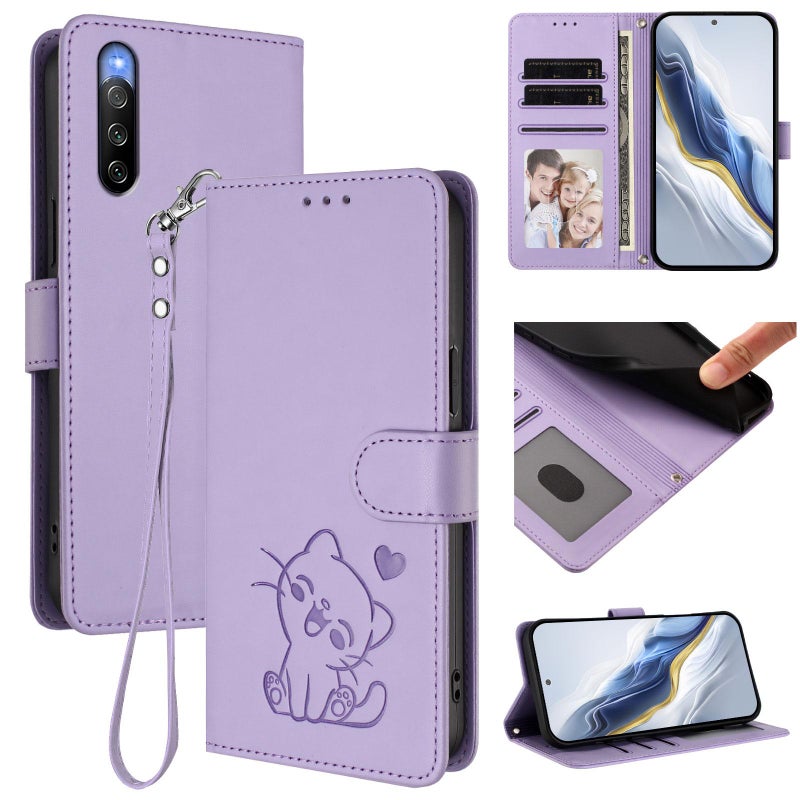 erorex For Sony Xperia 10 V Embossed  Cat Leather Phone Case with Hand Strap(Light Purple) - Image 1
