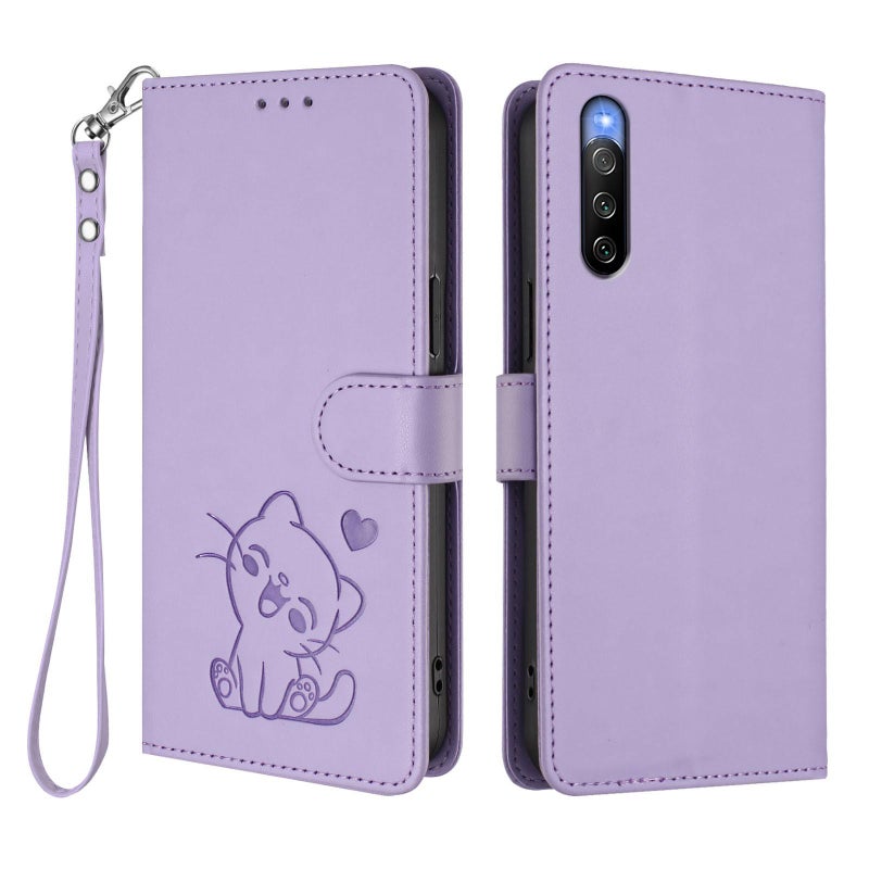 erorex For Sony Xperia 10 V Embossed  Cat Leather Phone Case with Hand Strap(Light Purple) - Image 2