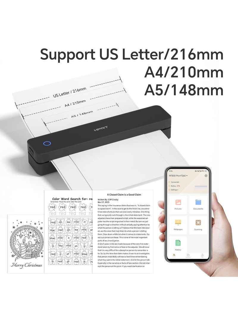 HPRT MT610 Pro Portable Thermal Printer, 1pc, for Travel Home Use, Inkless Bluetooth Thermal Printer, 300 DPI, Supports 8.5 x 11 US Letter/A4/A5 Paper, Compatible with iOS/Android/Laptop, Black, Wireless Convenience - Image 2