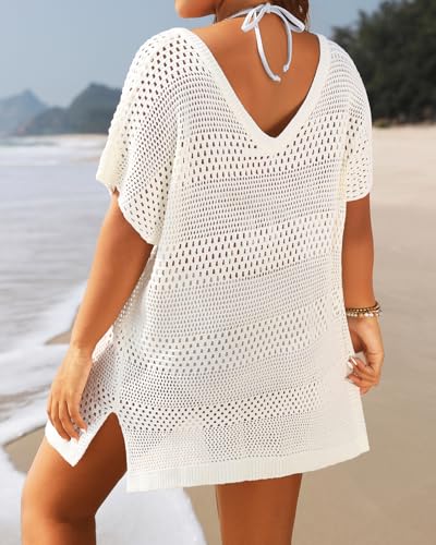 Yonique Plus Size Swimsuit Cover Up - Crochet Swim Cover Up 2025 Bathing Suit Short Sleeve Beach Dress White 20W - Image 2