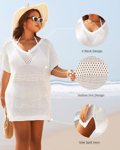 Yonique Plus Size Swimsuit Cover Up - Crochet Swim Cover Up 2025 Bathing Suit Short Sleeve Beach Dress White 20W - Image 4