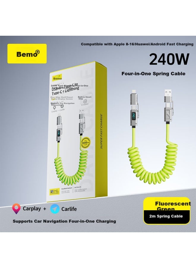 Double Magic Beemo Car Spring Data Cable Intelligent Digital Display 240W Fast Charging Line Four-In-One Car Projection Screen Suitable For Apple/Huawei/Xiaomi/Honor/Vivo/Oppo 2M Fluorescent Green - Image 4