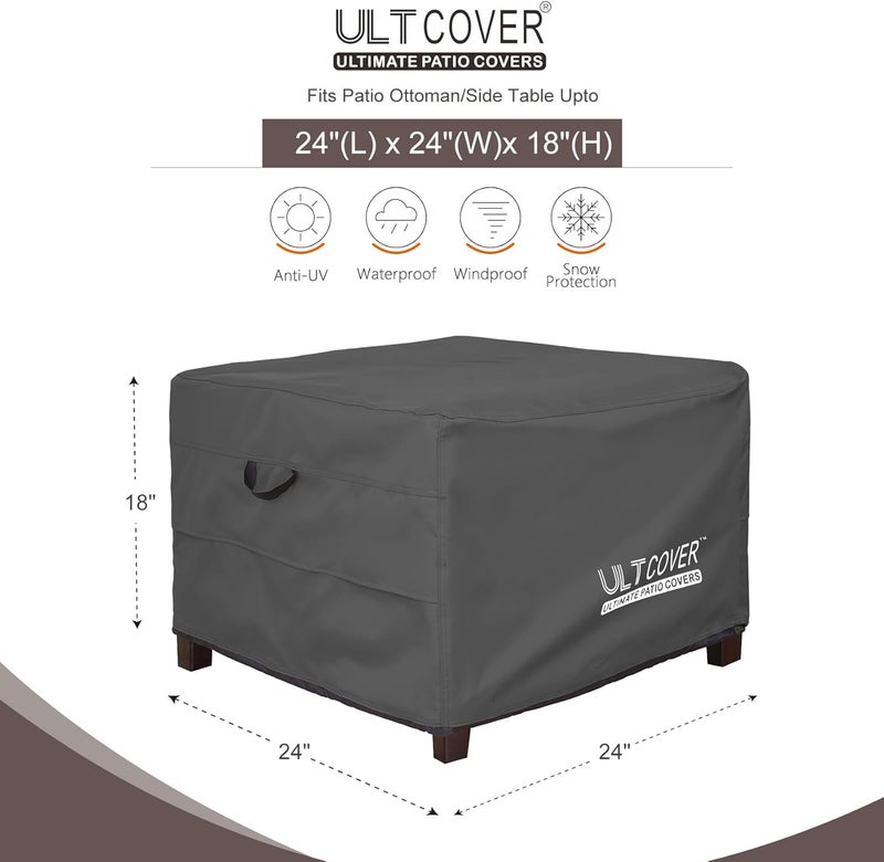 ULTCOVER غطاء مقاوم للماء لأريكة الحديقة، مربع الشكل، لطاولات جانبية خارجية، أبعاد 24 بوصة طولًا × 24 بوصة عرضًا × 18 بوصة ارتفاعًا، لون أسود - Image 2