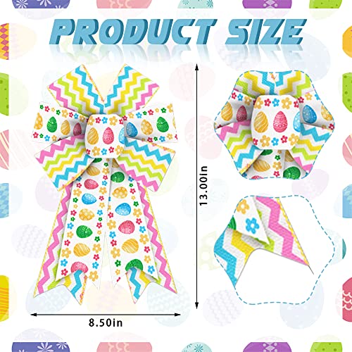 ALIBBON 2Pcs Easter Bows for Wreaths, Spring Easter Wreath Bows, Easter Egg Flower Bows for Crafts, Easter Decor, Green Yellow Blue Pink Wavy Line Burlap Bows for Wreath Indoor Outdoor Decorations - Image 2