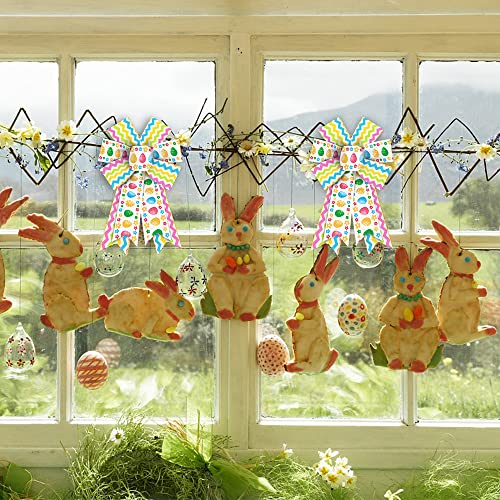 ALIBBON 2Pcs Easter Bows for Wreaths, Spring Easter Wreath Bows, Easter Egg Flower Bows for Crafts, Easter Decor, Green Yellow Blue Pink Wavy Line Burlap Bows for Wreath Indoor Outdoor Decorations - Image 5