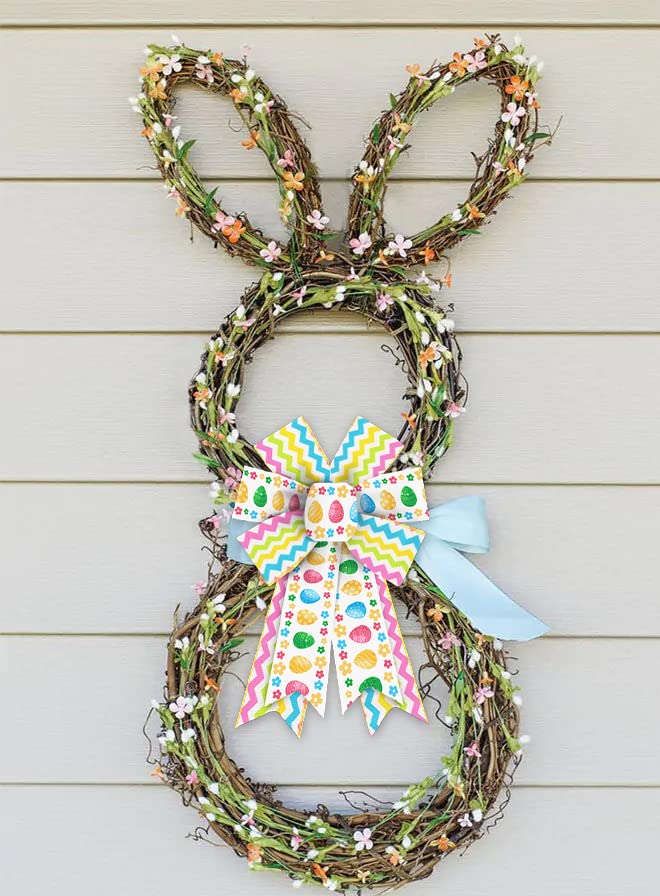 ALIBBON 2Pcs Easter Bows for Wreaths, Spring Easter Wreath Bows, Easter Egg Flower Bows for Crafts, Easter Decor, Green Yellow Blue Pink Wavy Line Burlap Bows for Wreath Indoor Outdoor Decorations - Image 3