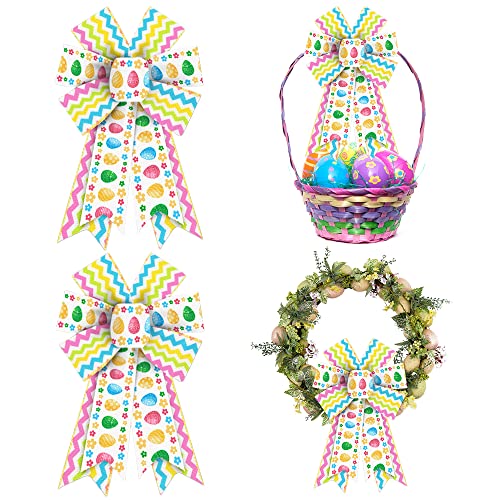 ALIBBON 2Pcs Easter Bows for Wreaths, Spring Easter Wreath Bows, Easter Egg Flower Bows for Crafts, Easter Decor, Green Yellow Blue Pink Wavy Line Burlap Bows for Wreath Indoor Outdoor Decorations - Image 1