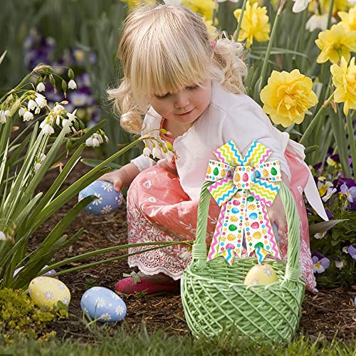 ALIBBON 2Pcs Easter Bows for Wreaths, Spring Easter Wreath Bows, Easter Egg Flower Bows for Crafts, Easter Decor, Green Yellow Blue Pink Wavy Line Burlap Bows for Wreath Indoor Outdoor Decorations - Image 4