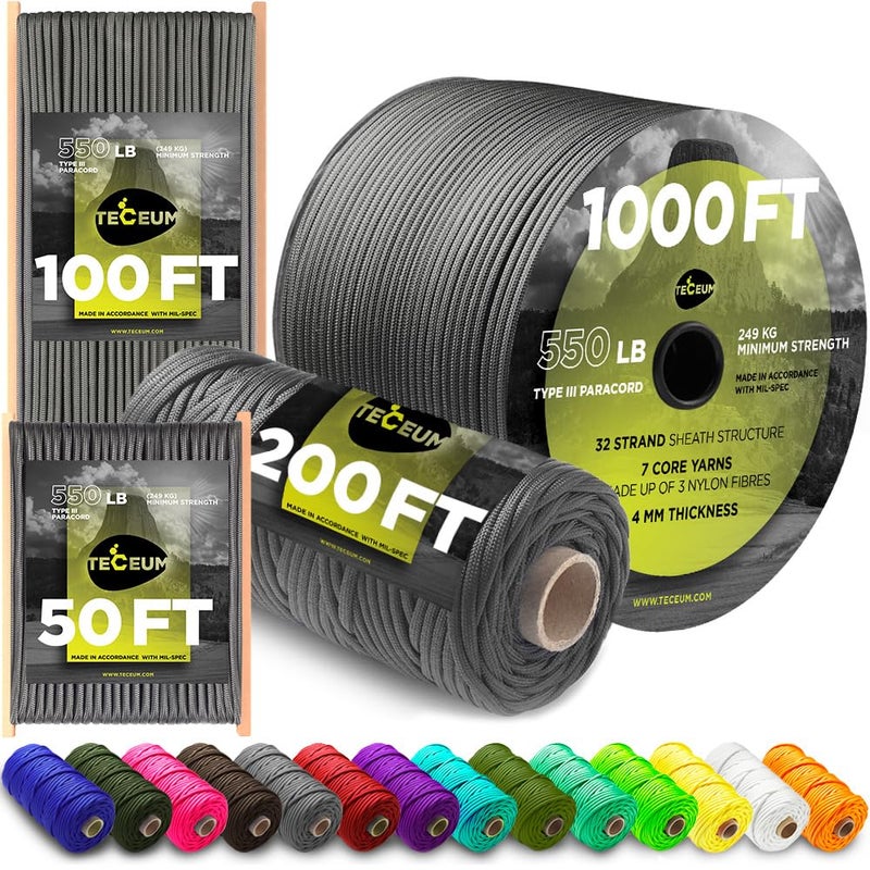 TECEUM Paracord Type III 550 Dark Grey â€“ 100 ft â€“ 4mm â€“ Tactical Rope MIL-SPEC â€“ Outdoor para Cord â€“Camping Hiking Fishing Gear and Equipment â€“ EDC Parachute Cord â€“ Strong Survival Rope - Image 1