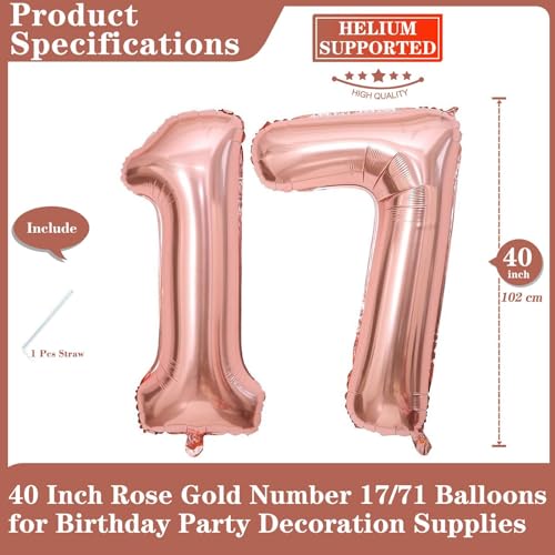 Lovoir Rose Gold 17 Number Balloons 40 Inch Giant Number 17 Balloons Foil Mylar Helium Rose Gold Number Balloons for 17th Birthday Party Supplies Anniversary Event Celebration Decorations - Image 5
