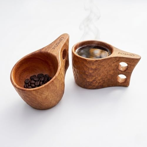 POSHIO® POSHIO Neem Wood Tea Coffee Cups Set of 2 – Handcrafted Wooden Mugs from Single Neem Wood Block | Natural Wooden Drinkware | Rustic Kitchen & Home Decor | Unique Housewarming Gift Tableware - Image 1