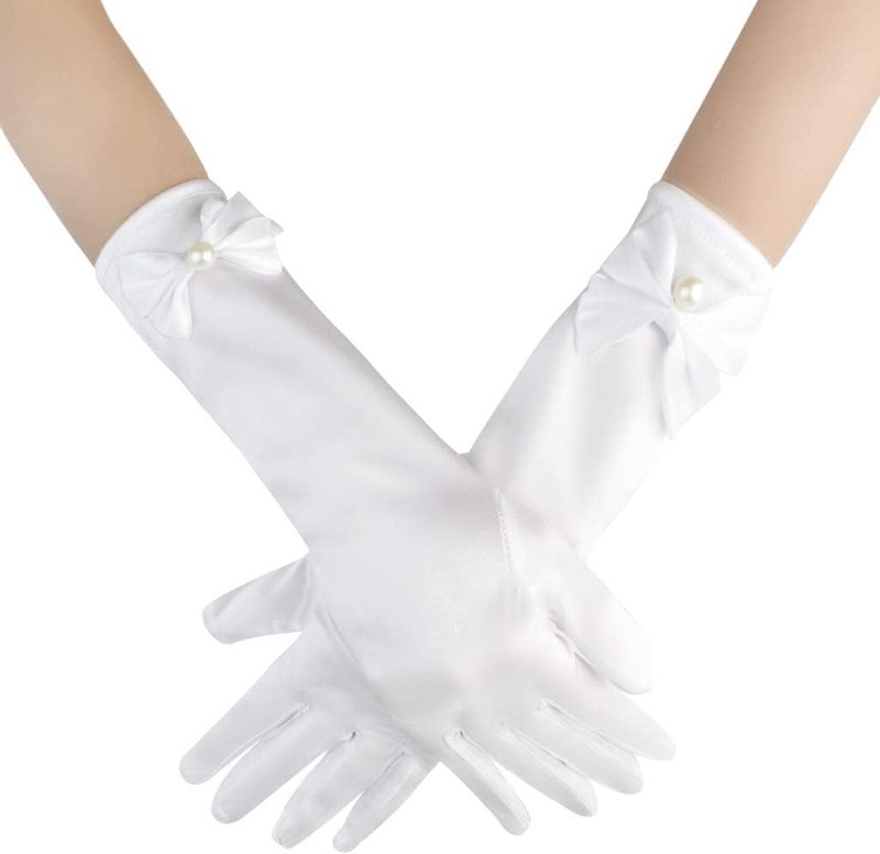 Yolyoo Girls Princess Gloves,Girl White Long Satin Princess Dress Up Diamonds Bows Gloves for Birthday,Wedding, Costume Party - Image 1