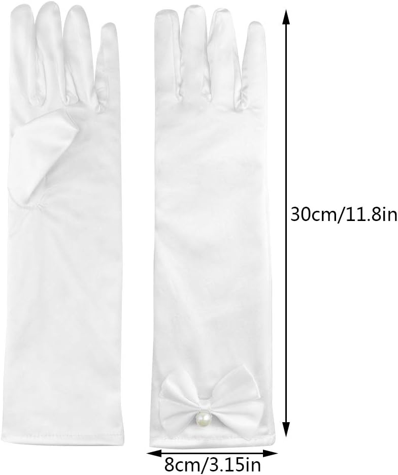 Yolyoo Girls Princess Gloves,Girl White Long Satin Princess Dress Up Diamonds Bows Gloves for Birthday,Wedding, Costume Party - Image 2