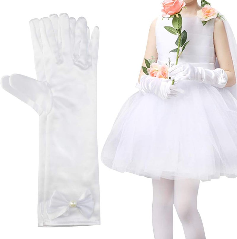 Yolyoo Girls Princess Gloves,Girl White Long Satin Princess Dress Up Diamonds Bows Gloves for Birthday,Wedding, Costume Party - Image 5