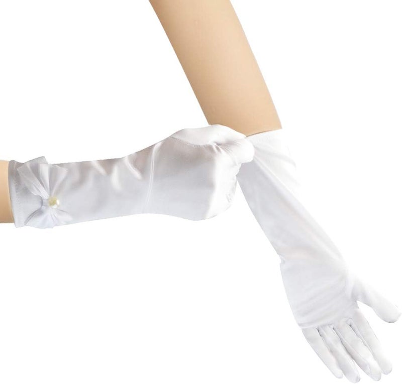 Yolyoo Girls Princess Gloves,Girl White Long Satin Princess Dress Up Diamonds Bows Gloves for Birthday,Wedding, Costume Party - Image 4
