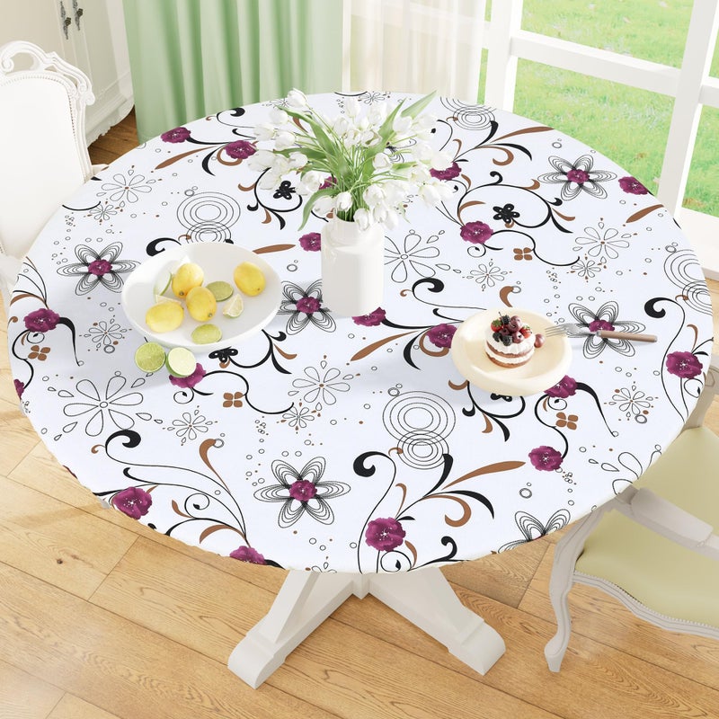 misaya Round Fitted Tablecloth with Elastic Edge, 100% Waterproof Oil Proof Plastic Table Cover, Vinyl Flannel Backed Tablecloth Fits 36"-44" Round Tables for Easter, Outdoor, Picnic, Red Flowers