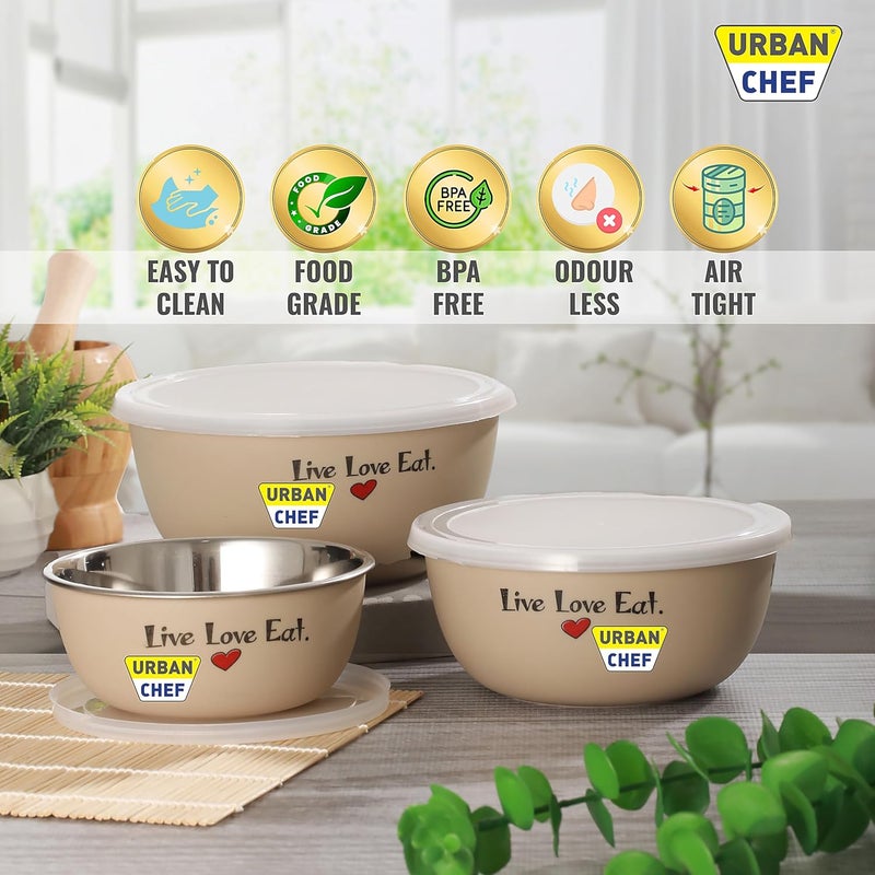 URBAN CHEF طقم أوعية خلط من مكون من 3 قطع من الفولاذ المقاوم للصدأ (500 مل، 800 مل، 1250 مل) | آمن للاستخدام في الميكروويف وغسالة الأطباق | طقم أوعية بغطاء مناسب كهدية | أوعية للوجبات الخفيفة | أوعية تقديم إكسسوارات ��لمطبخ - كريمي - Image 3