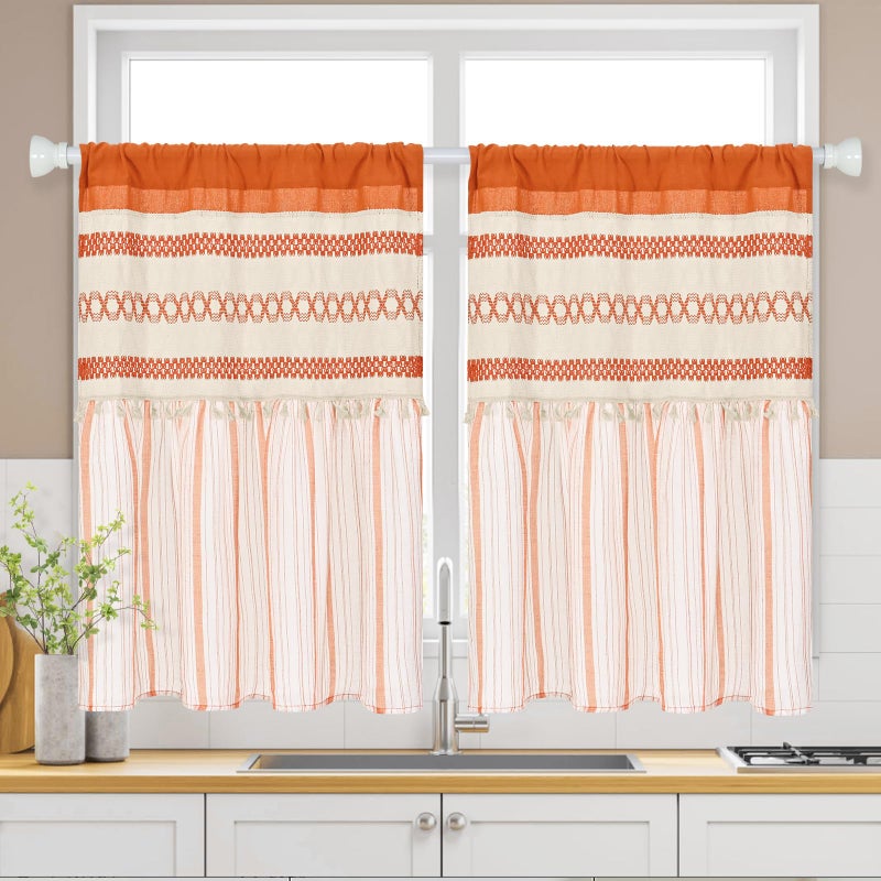 FRAMICS Farmhouse Linen Kitchen Curtains 36 Inch Length Orange Striped Short Curtain for Windows Boho Crochet Small Window Curtains for Kitchen Rod Pocket Tier Curtain for Bathroom, Cafe, 2 Panels - Image 1