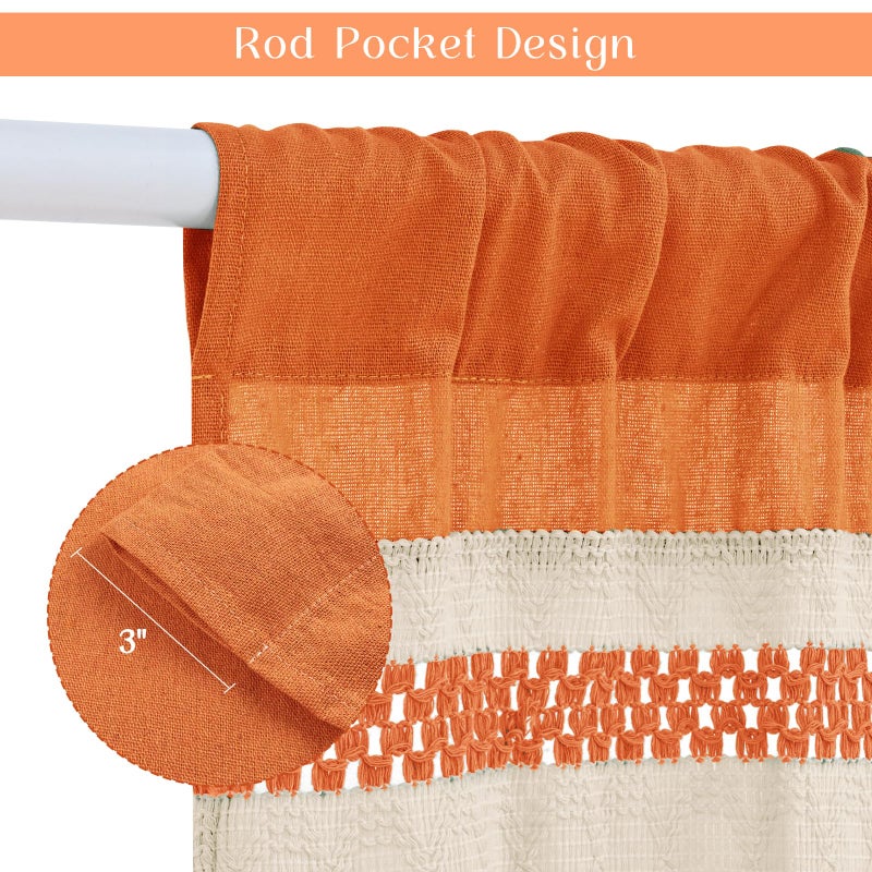 FRAMICS Farmhouse Linen Kitchen Curtains 36 Inch Length Orange Striped Short Curtain for Windows Boho Crochet Small Window Curtains for Kitchen Rod Pocket Tier Curtain for Bathroom, Cafe, 2 Panels - Image 4