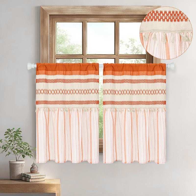 FRAMICS Farmhouse Linen Kitchen Curtains 36 Inch Length Orange Striped Short Curtain for Windows Boho Crochet Small Window Curtains for Kitchen Rod Pocket Tier Curtain for Bathroom, Cafe, 2 Panels - Image 2