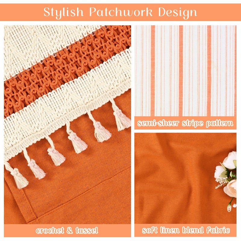FRAMICS Farmhouse Linen Kitchen Curtains 36 Inch Length Orange Striped Short Curtain for Windows Boho Crochet Small Window Curtains for Kitchen Rod Pocket Tier Curtain for Bathroom, Cafe, 2 Panels - Image 3