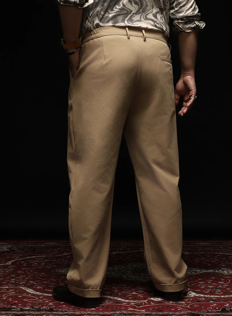 Instafab Plus Instafab Plus Men's Khaki Brown Extended-Waistband Pleated Trousers | Mid Rise , Cuffed Hem , Button Closure | Solid Plain Polyester Blend Material For Formal & Office Wear
