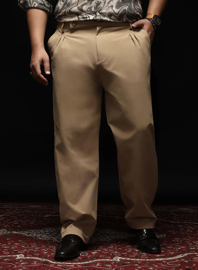 انستافاب بلس Instafab Plus Men's Khaki Brown Extended-Waistband Pleated Trousers | Mid Rise , Cuffed Hem , Button Closure | Solid Plain Polyester Blend Material For Formal & Office Wear