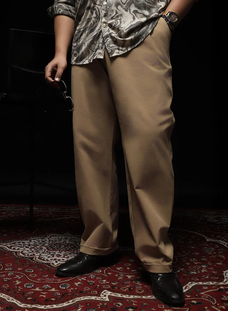 انستافاب بلس Instafab Plus Men's Khaki Brown Extended-Waistband Pleated Trousers | Mid Rise , Cuffed Hem , Button Closure | Solid Plain Polyester Blend Material For Formal & Office Wear