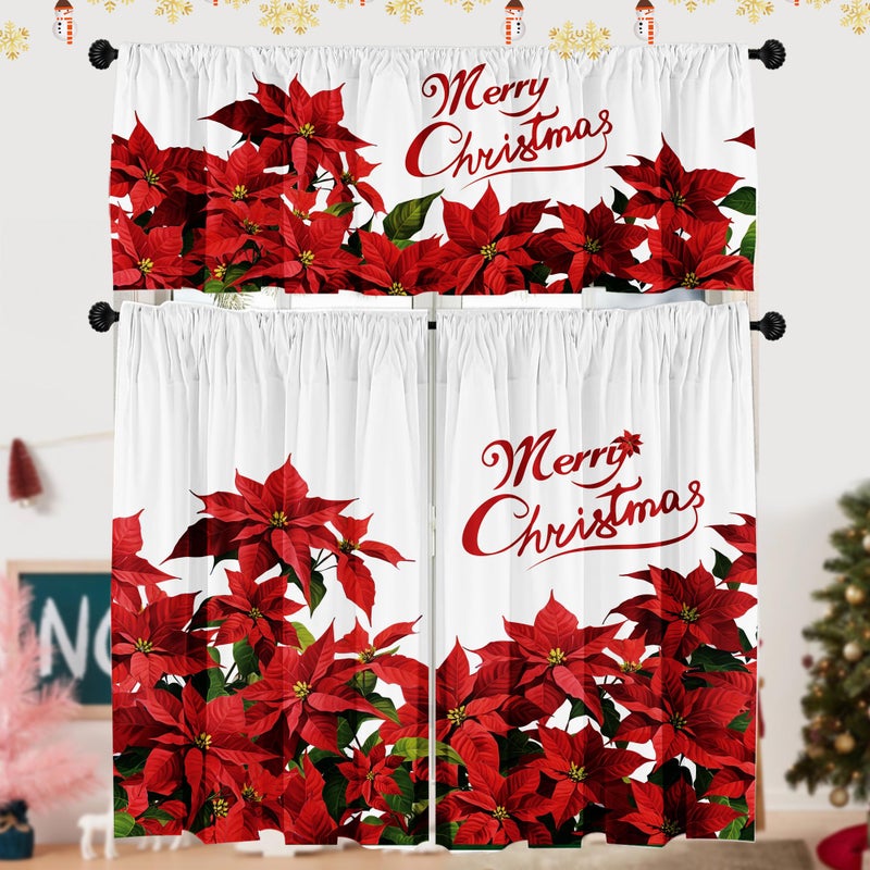 SUNWISHA Christmas Poinsettia Curtain Valances Set Upper Curtain 52 Lx18 W Lower 36 L x 26 W x2 Merry Christmas Romantic Flowers KitchenBedroom Decor Red - Image 2