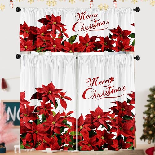 SUNWISHA Christmas Poinsettia Curtain Valances Set Upper Curtain 52 Lx18 W Lower 36 L x 26 W x2 Merry Christmas Romantic Flowers KitchenBedroom Decor Red - Image 1