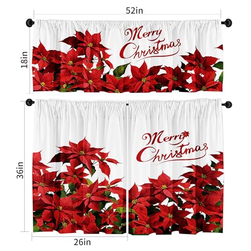 SUNWISHA Christmas Poinsettia Curtain Valances Set Upper Curtain 52 Lx18 W Lower 36 L x 26 W x2 Merry Christmas Romantic Flowers KitchenBedroom Decor Red - Image 3