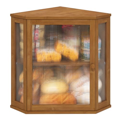 viewcare Corner Bread Box for Kitchen Counter Bamboo Wood Large Capacity Bread Storage Bin with Acrylic Wavy Door Panel Brown Extra Large - Image 1