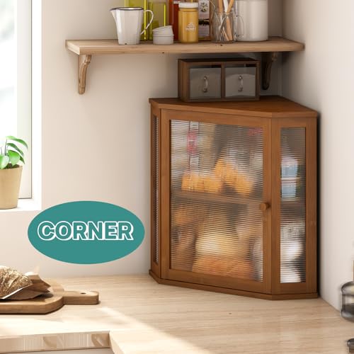 viewcare Corner Bread Box for Kitchen Counter Bamboo Wood Large Capacity Bread Storage Bin with Acrylic Wavy Door Panel Brown Extra Large - Image 3