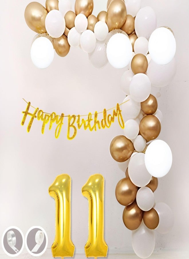 Flyloons 11th Birthday Decoration Items Gold and White Theme Combination for Boys Girls| 30 Pcs Gold White Color Balloons| Gold Happy Birthday Cursive Glitter Banner| Arch Tape| Glue Dots - Image 1