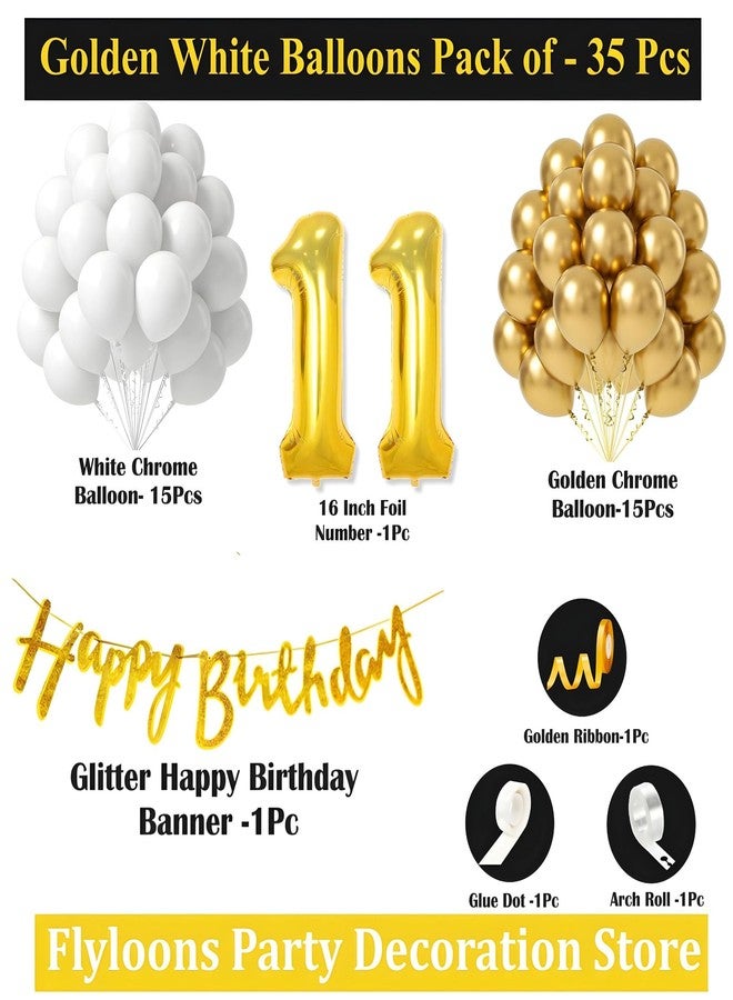 Flyloons 11th Birthday Decoration Items Gold and White Theme Combination for Boys Girls| 30 Pcs Gold White Color Balloons| Gold Happy Birthday Cursive Glitter Banner| Arch Tape| Glue Dots - Image 2
