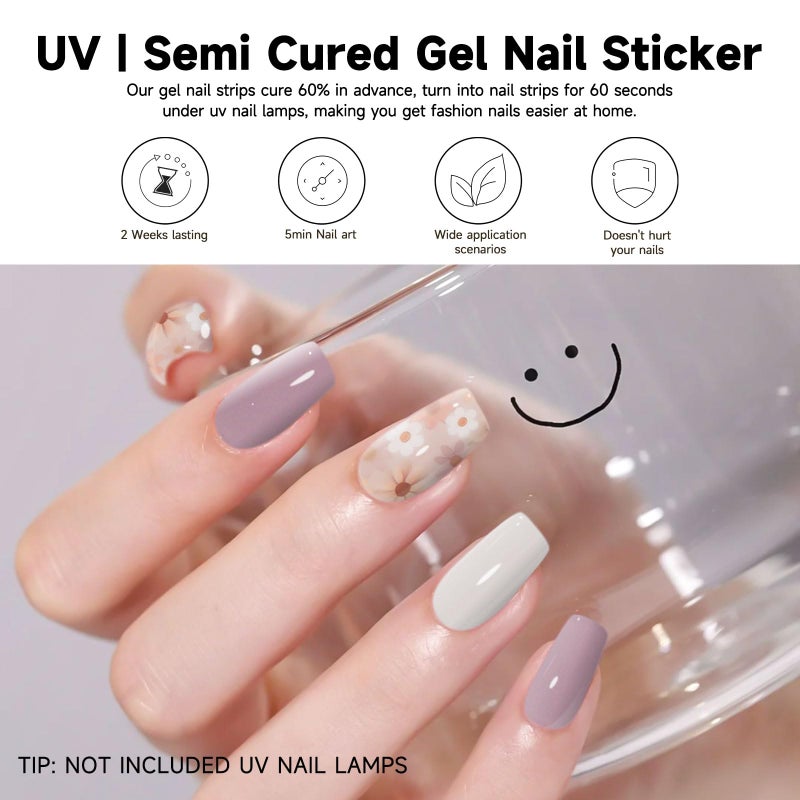 DUKASOU 28pcs Semi Cured Gel Nail Strips, Long Lasting UV Gel Nail Stickers for Women Kit, Nails Wraps for Home DIY (Purple Flower) - Image 4