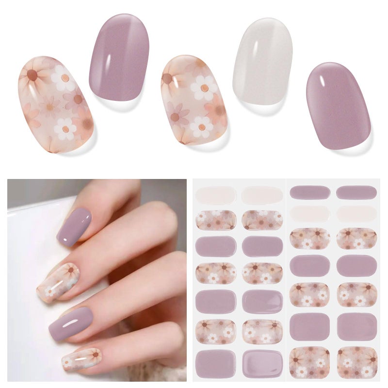 DUKASOU 28pcs Semi Cured Gel Nail Strips, Long Lasting UV Gel Nail Stickers for Women Kit, Nails Wraps for Home DIY (Purple Flower) - Image 1