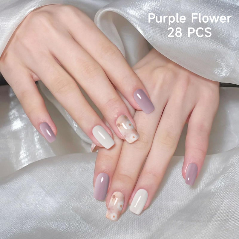 DUKASOU 28pcs Semi Cured Gel Nail Strips, Long Lasting UV Gel Nail Stickers for Women Kit, Nails Wraps for Home DIY (Purple Flower) - Image 2