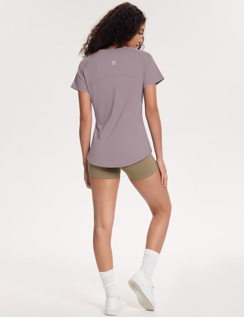 Loovoo Short Sleeve Running Shirt Women's Athletic T-Shirts Lightweight Quick Dry Workout Training Yoga Tops Purple Gray L - Image 5