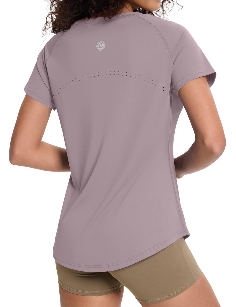 Loovoo Short Sleeve Running Shirt Women's Athletic T-Shirts Lightweight Quick Dry Workout Training Yoga Tops Purple Gray L - Image 1