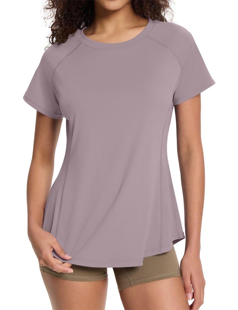 Loovoo Short Sleeve Running Shirt Women's Athletic T-Shirts Lightweight Quick Dry Workout Training Yoga Tops Purple Gray L - Image 2