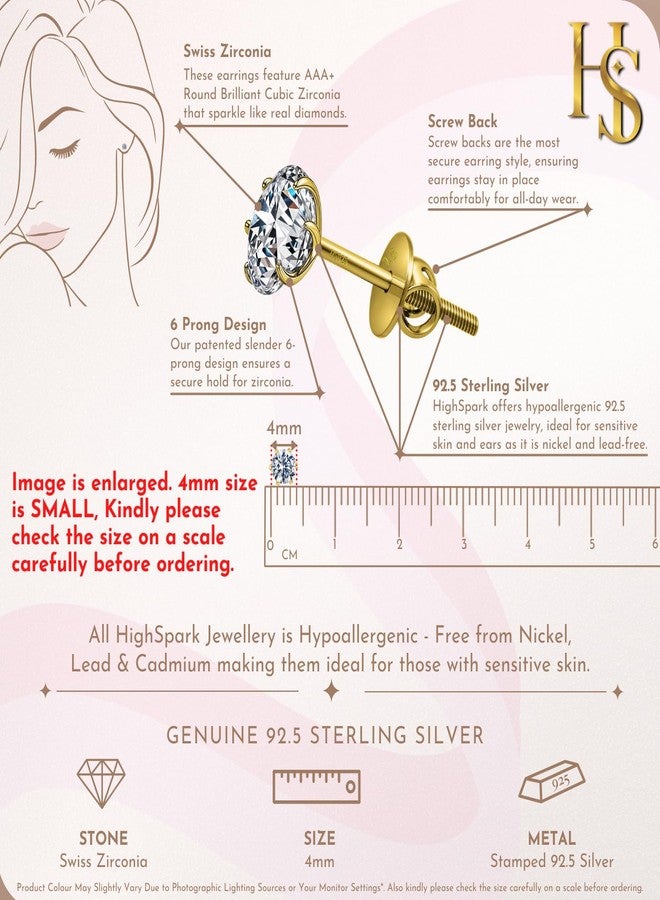 HIGHSPARK 925 Silver Solitaire Screwback Stud Earrings in 18K Gold Finish | 92.5 Sterling Silver and Diamond like Brilliance Sparkling Zirconia| Lovely Gift - 4mm - Image 2