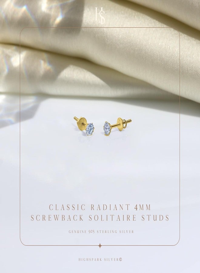 HIGHSPARK 925 Silver Solitaire Screwback Stud Earrings in 18K Gold Finish | 92.5 Sterling Silver and Diamond like Brilliance Sparkling Zirconia| Lovely Gift - 4mm - Image 3