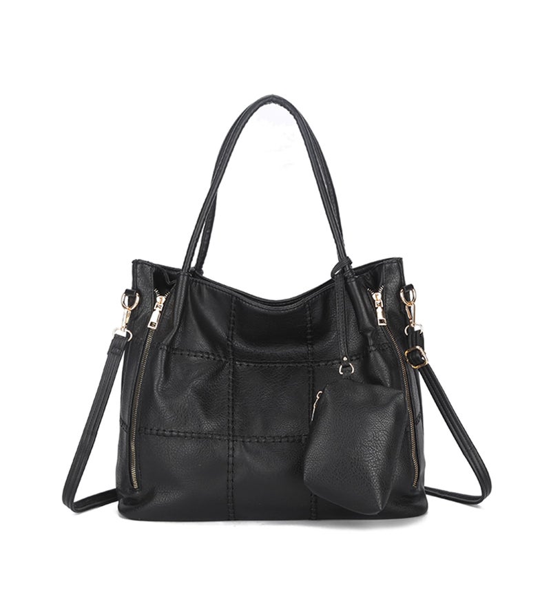 My Friday myfriday 2pcs Soft Faux Leather Tote Bag for Women Set, Slouchy Shoulder Handbag Vintage Top Handle Purse with Coin Purse (Black) - Image 1