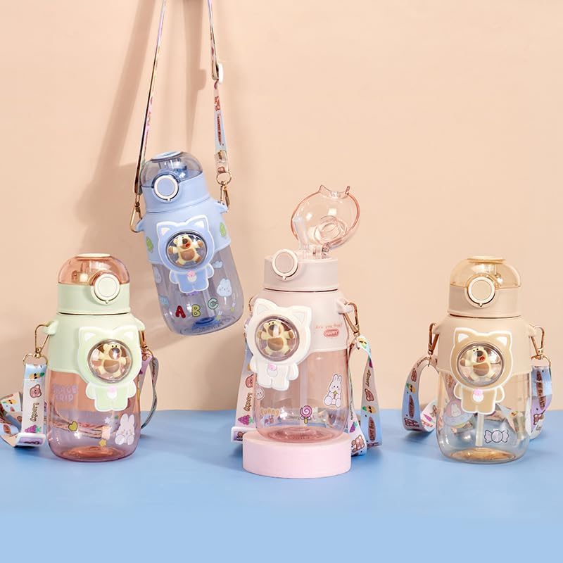 Trishaan 680ml Kawaii PP BPA free cute bear squishy Water Bottles with Straw Carrying Strap Portable Drinking Bottle Leak proof Cute Juice Tea Water Cups for kids boys and girls multiColor - Image 2