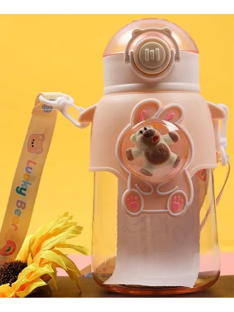Trishaan 680ml Kawaii PP BPA free cute bear squishy Water Bottles with Straw Carrying Strap Portable Drinking Bottle Leak proof Cute Juice Tea Water Cups for kids boys and girls multiColor - Image 5